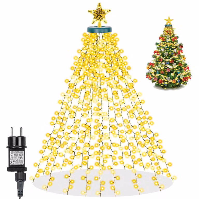 Albero di Natale luci fiabesche per interni 3M 490 LED, luci di Natale con timer 8 modalità, luci albero di Natale bianco caldo con 16 fili