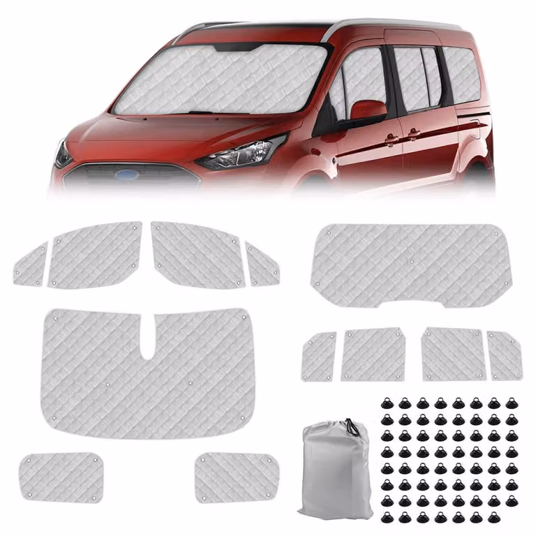 Tappetini termici per l'abitacolo, set da 12 pezzi, per Ford Tourneo Connect dal 2012 al 2022 (versione a passo lungo), con protezione UV e solare, per garantire privacy e controllo della temperatura
