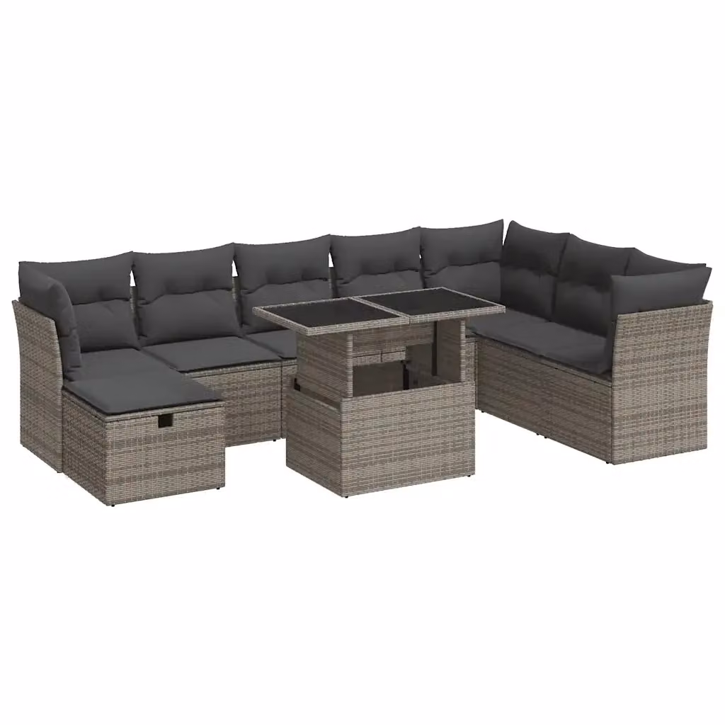 Set Divano da Giardino a Forma di U vidaXL in Polyrattan Grigio con 9 Pezzi e Cuscini – 2