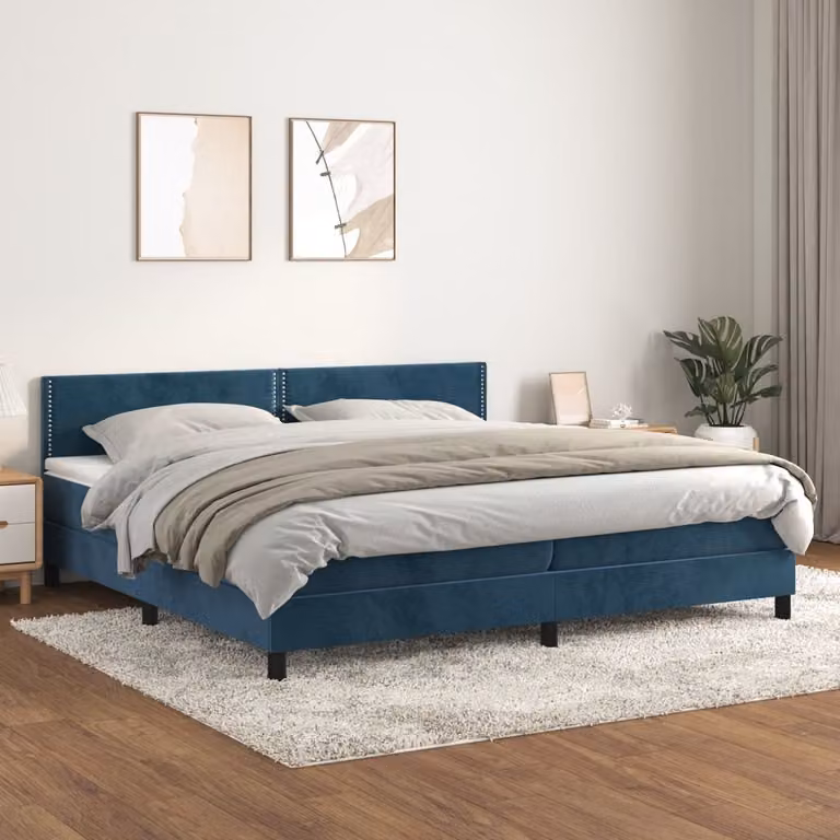 The Living Store Letto a molle con materasso blu scuro 200x200 cm in velluto