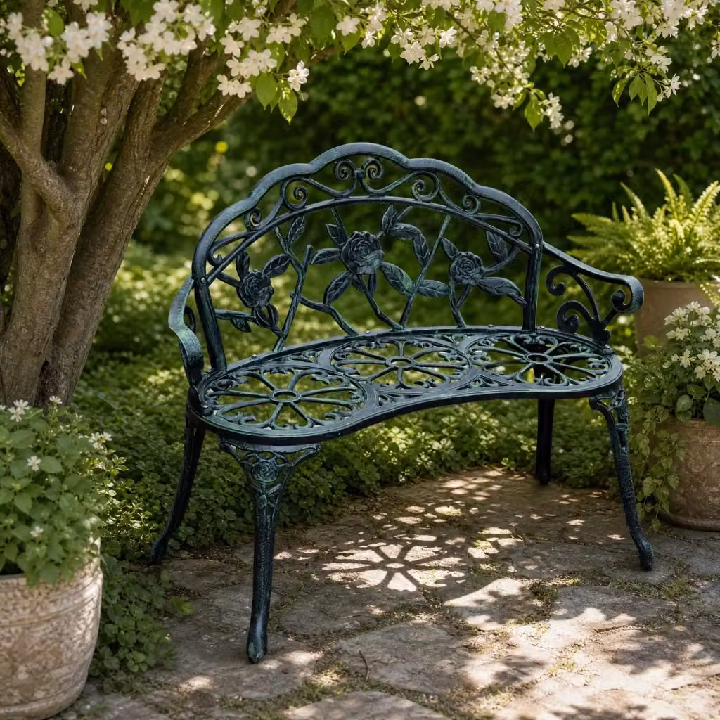 Panchina da giardino WISHDOR in alluminio verde con decoro floreale e braccioli L 100 x P 54 x H 78 cm – 2