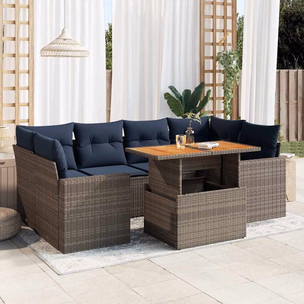 Set di divani da giardino vidaXL 7 pezzi a forma di U in polyrattan con cuscini grigi e blu e tavolino, struttura in acciaio verniciato a polvere e legno di acacia
