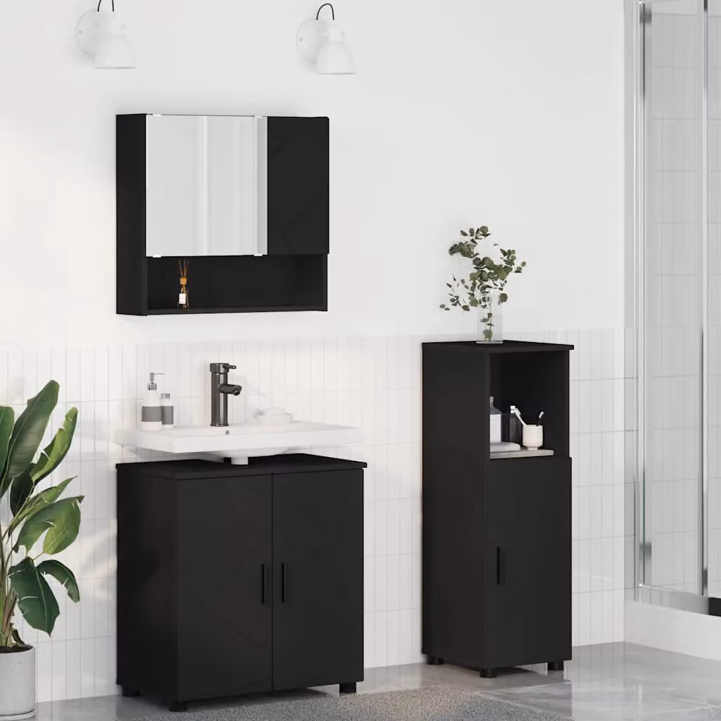 Set di mobili per il bagno moderno vidaXL in 3 pezzi nero opaco con mobile sottolavabo, armadietto con specchio e colonna, L/P/H: 61 x 35 x 64 cm