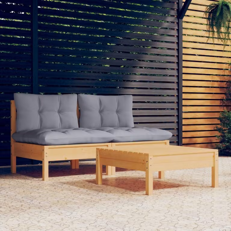 The Living Store Set da giardino 3 pezzi con cuscini grigi in legno di pino