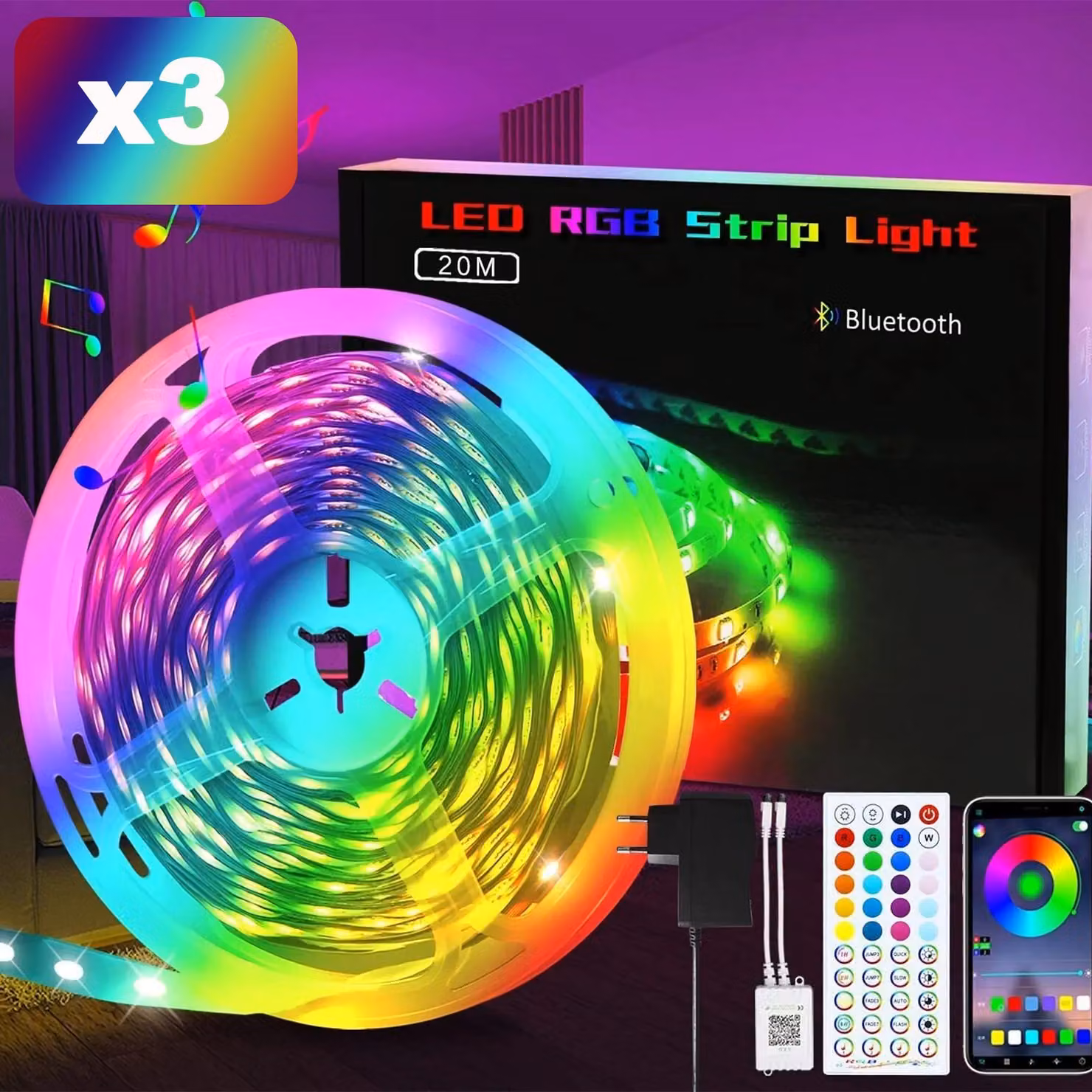 Striscia LED ZMH, 20 metri, confezione da 3, strisce LED RGB intelligenti da 20 metri con telecomando, ideali per Natale, feste, bar, illuminazione interna, decorazioni