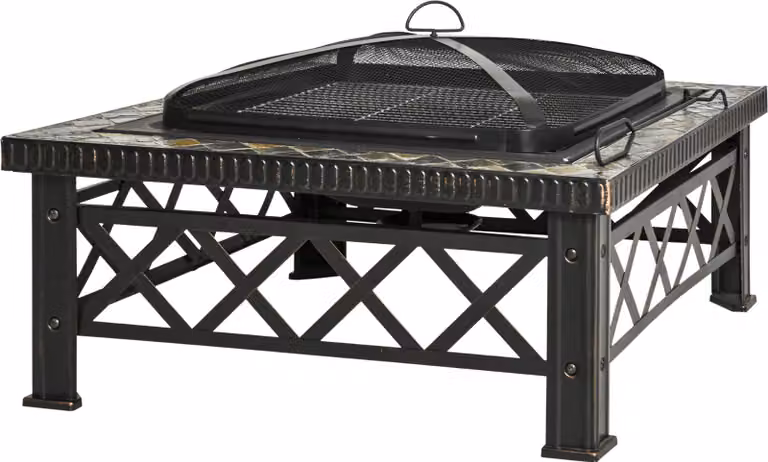 Braciere 3 in 1 con parascintille, griglia e secchiello per il ghiaccio per barbecue da giardino, nero, 76x76x47 cm