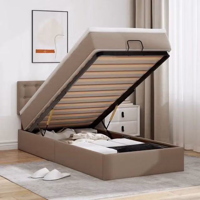 Letto con contenitore a sollevamento e materasso vidaXL in similpelle beige e bianco, L 200 x P 80 x H 88 cm con porta USB e illuminazione sottostante