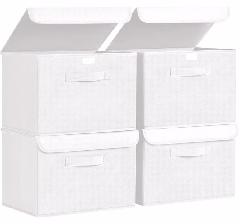 Scatole di stoccaggio con coperchio, pieghevoli, con maniglia, in tessuto, confezione da 4, colore bianco chiaro