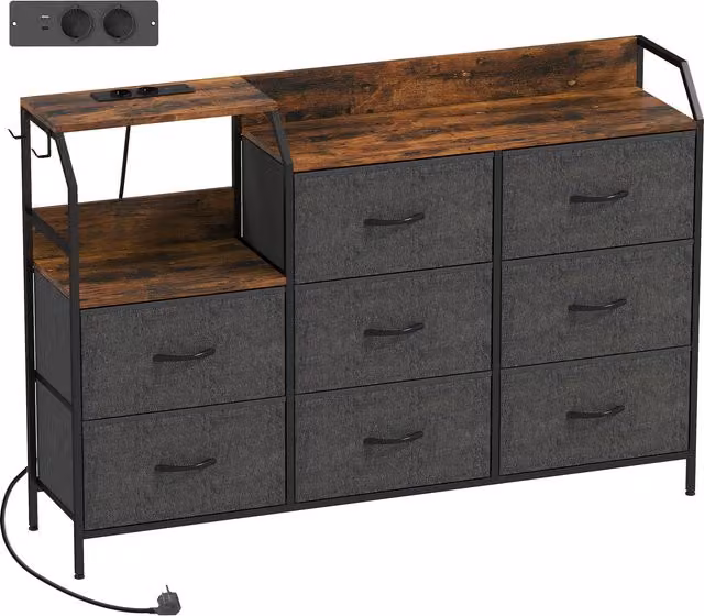 Cassettiera HOMCOM Marrone con 8 cassetti in tessuto, stazione di ricarica e ripiano aperto, L: 130,5 cm, P: 30 cm, H: 88 cm – 1