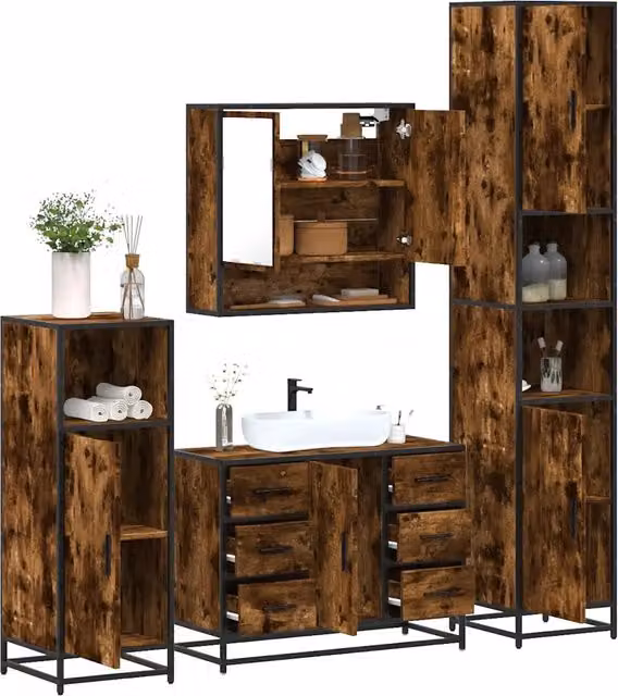 Set di mobili da bagno industrial vidaXL in legno e metallo marrone composto da armadietto con specchio, mobile lavabo, mobile laterale e colonna alta