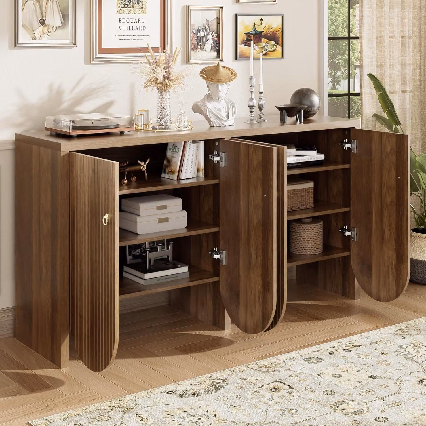 Mobile contenitore a buffet con 2 cassetti e ripiani regolabili, finitura effetto noce, dimensioni 147x40x80 cm