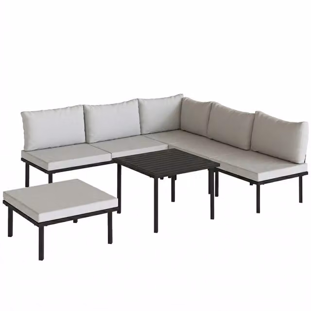 Set Lounge da Giardino Outsunny per 5-6 Persone con Divano a L, Poltrona Angolare, Sedie, Tavolo e Poggiapiedi in Colore Grigio