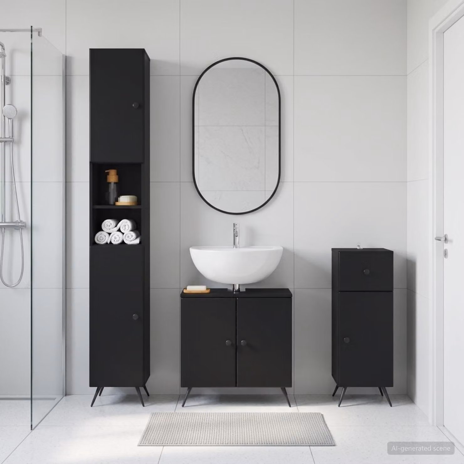 Set di armadietti da bagno moderni vidaXL BREDA in 3 pezzi, colore nero opaco, con mobile lavabo, colonna alta e mobile laterale