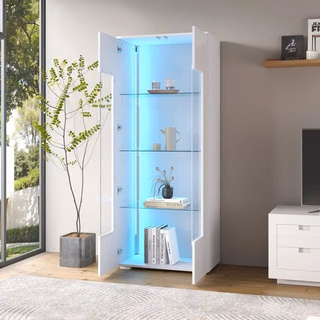 Vetrina da soggiorno WISHDOR in bianco lucido con ante in vetro e illuminazione integrata L/P/H: 70 x 40 x 173 cm