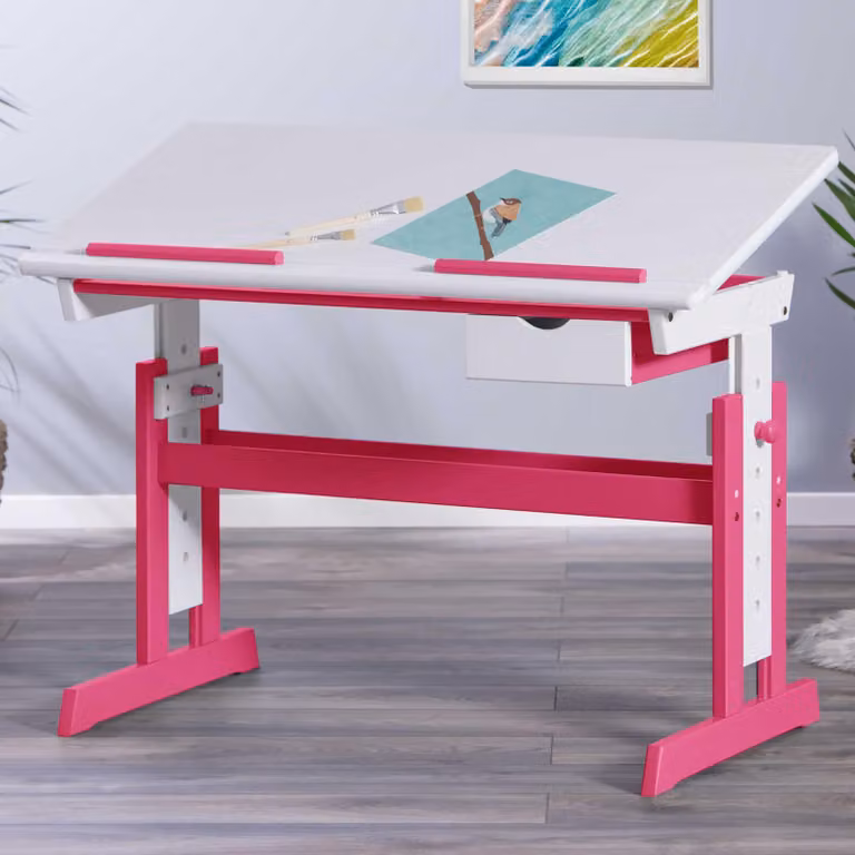 Scrivania regolabile in altezza, in legno di pino verniciato di bianco, colore rosa, dimensioni 109x55x96 cm