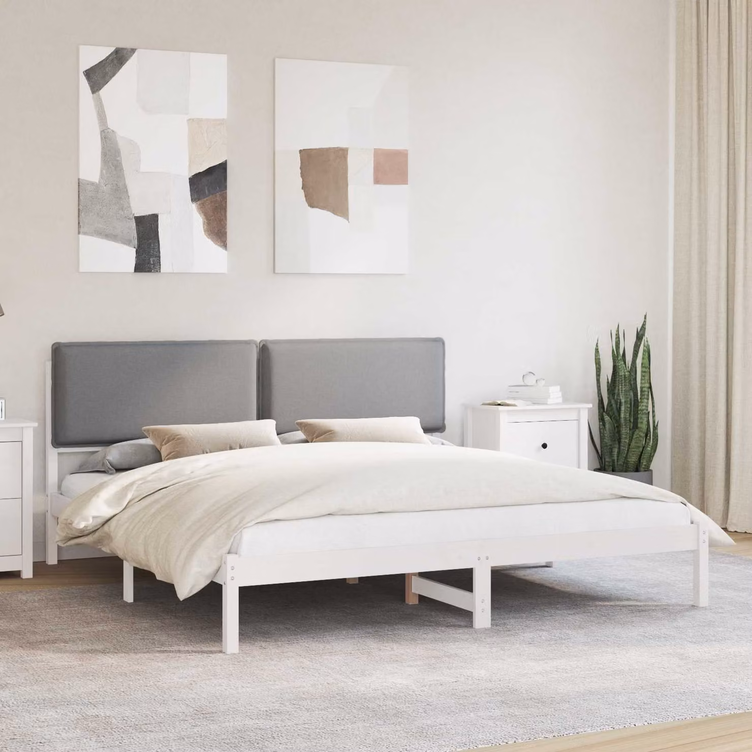 Letto con Testiera Rivestita vidaXL in Legno di Pino e Tessuto Grigio 200 x 200 cm – 1