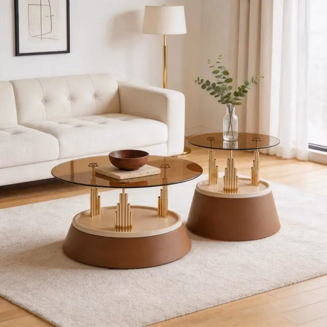 Set 2 tavolini da salotto nidificanti, piano in vetro temperato, struttura in metallo, design moderno salvaspazio