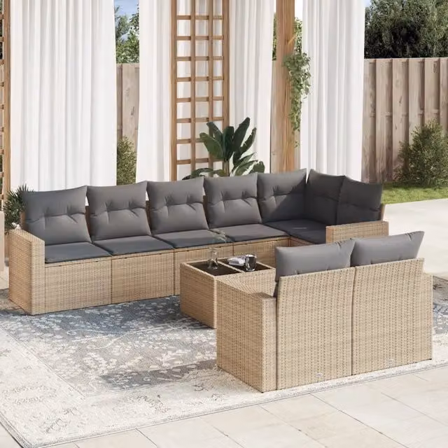 Set Divano da Giardino 9 pz con Cuscini Beige in Polyrattan 3251566