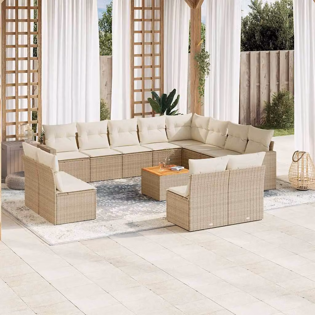 vidaXL Set Divano da Giardino a L 13 pz con Cuscini Beige e Tavolino in Polyrattan e Legno di Acacia