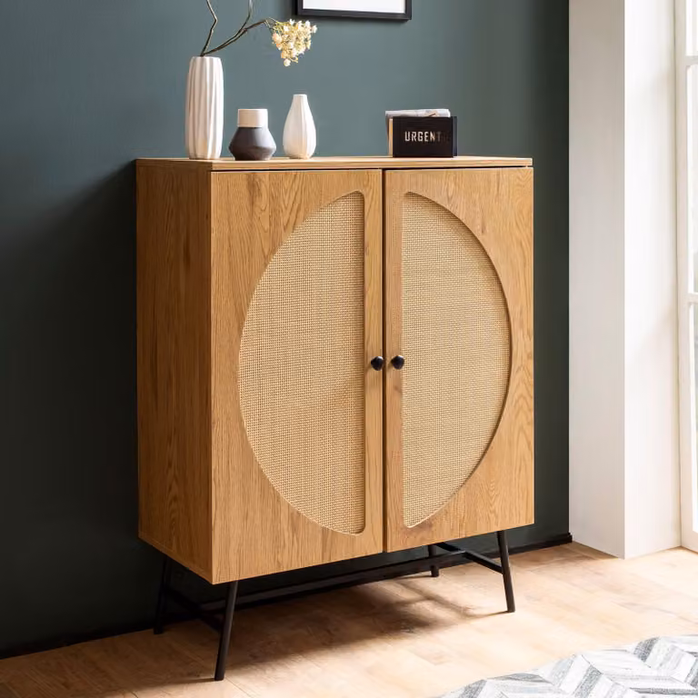 Comò in finitura rovere, 80 cm, credenza a 2 ante in vimini viennese, modello a colonna