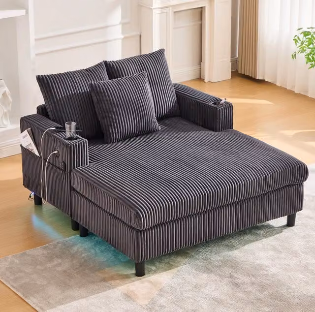 Poltrona relax oversize con LED; USB e portabicchieri 142x128x85 cm in velluto a coste grigio scuro