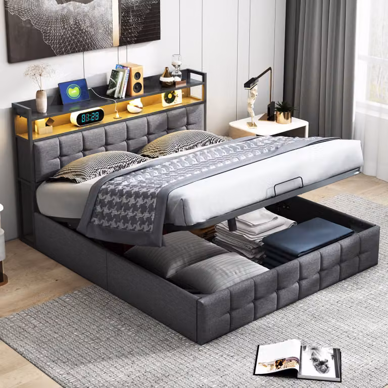 Letto imbottito 160x200cm con USB/Tipo-c e rete a doghe, letto a molle idrauliche con contenitore, letto matrimoniale per ragazzi con led, letto contenitore, biancheria