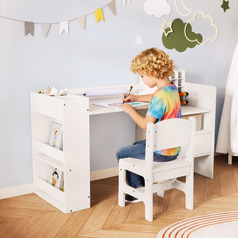 Set tavolo e sedia per bambini Costway con porta rotolo carta rimovibile e mobile cubo, ideale per lettura e disegno, Bianco