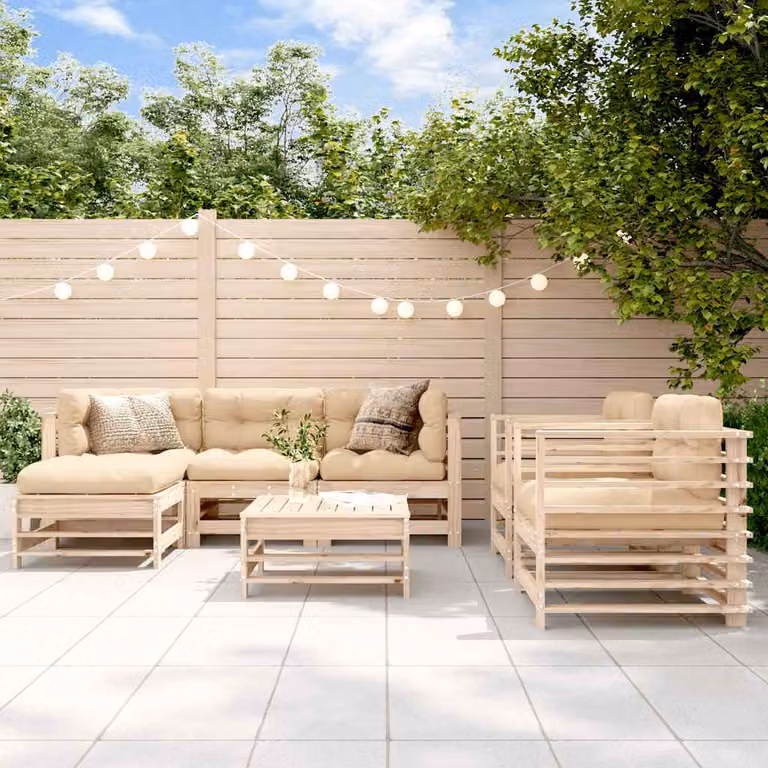 Set Salotto da Giardino vidaXL a Forma di L in Legno di Pino con Cuscini Beige e Marrone, 7 Pezzi