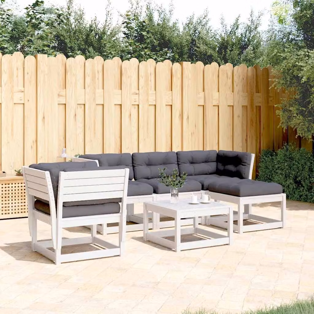 Set Salotto da Giardino vidaXL a Forma di L in Legno Massello di Pino con Cuscini Bianchi e Antracite – 1