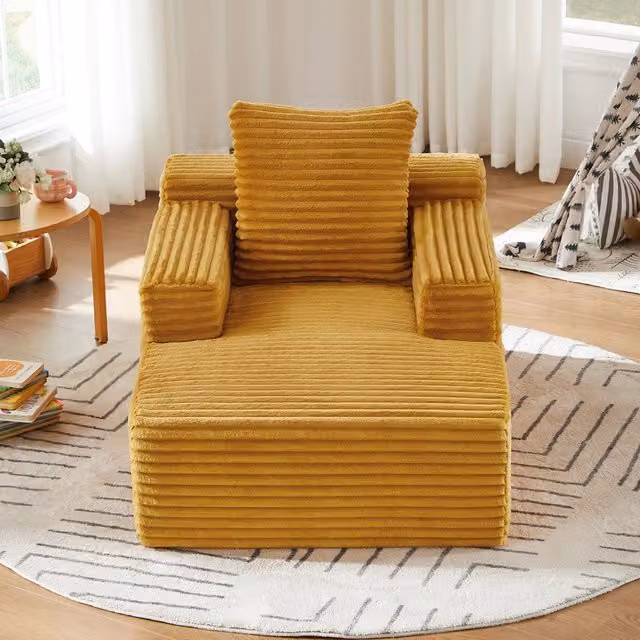 Divano chaise longue singolo; poltrona relax e letto; velluto a coste giallo; senza montaggio
