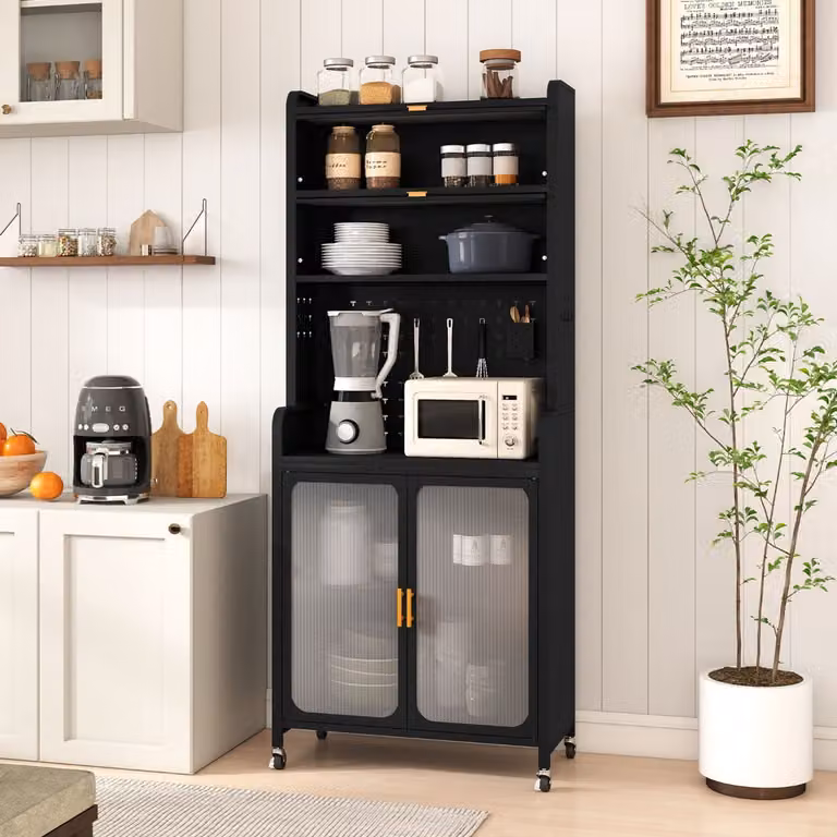 Mobile angolo caffè Costway in metallo nero con ante in vetro per cucina e sala da pranzo
