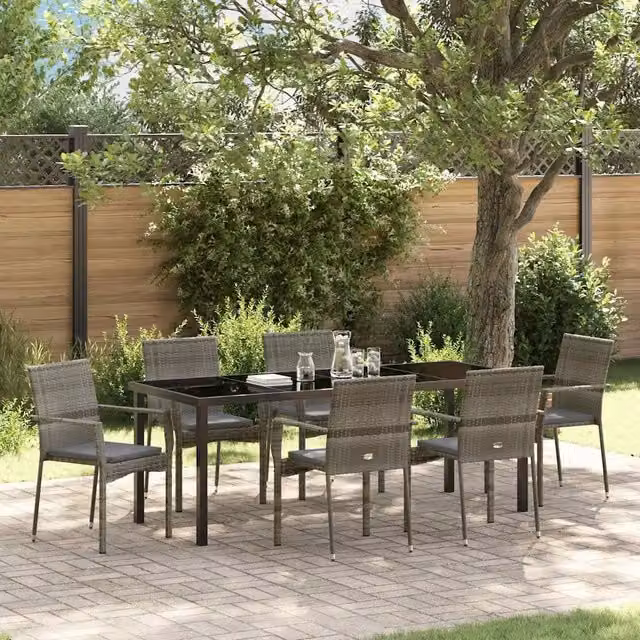 Set da pranzo per giardino e terrazzo vidaXL in polyrattan e vetro grigio, 7 pezzi