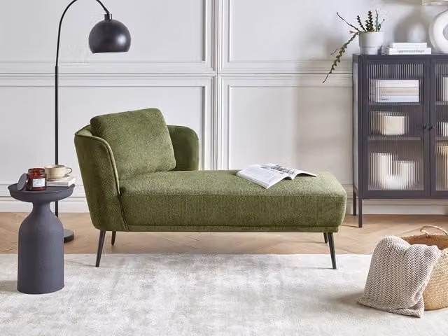 Chaise longue BELIANI in tessuto bouclé verde con cuscino, stile retrò lato destro L/P/H: 148 x 70 x 64 cm – 1