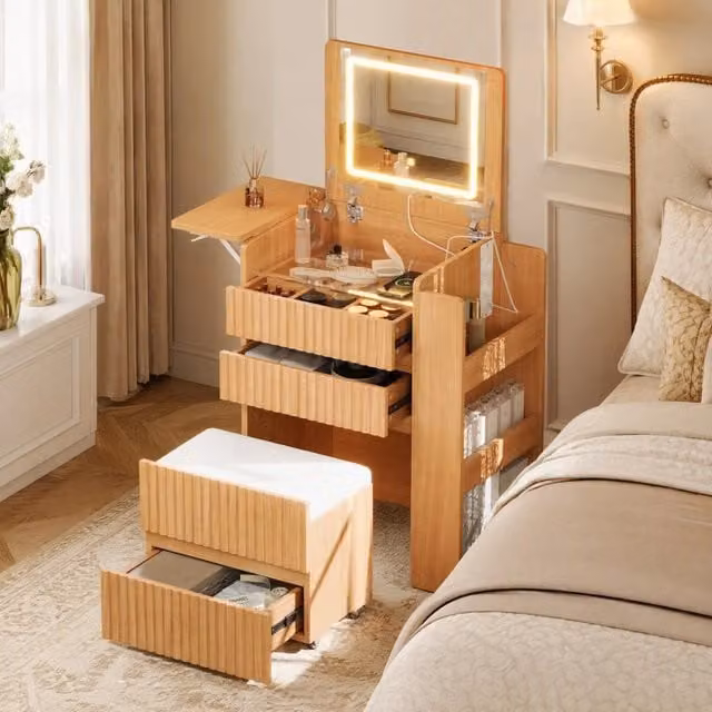Toeletta MIVRAY Hollywood LED con specchio, piano laterale pieghevole, prese e porte USB, 3 cassetti, colore beige, L: 79 cm, P: 40 cm, H: 120 cm