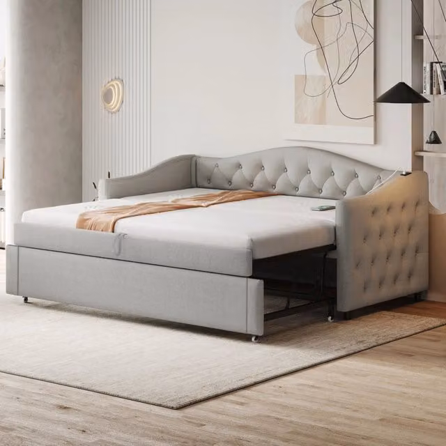 Divano letto imbottito estraibile in lino grigio 90x200 cm con porta USB, doghe incluse e capitonnè a bottoni, senza materasso
