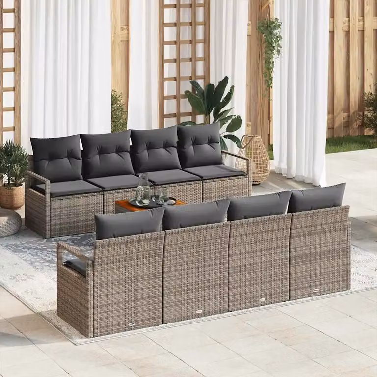 Set Divano da Giardino vidaXL 9 Pezzi Grigio con Cuscini e Tavolino da Esterno in Polyrattan e Acciaio