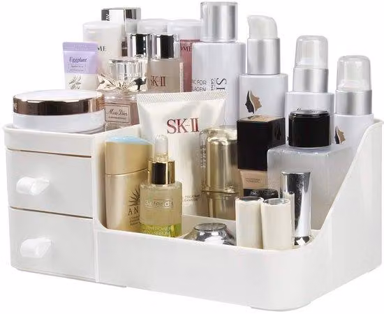 Ibenzoa® Organizer per cosmetici, salvaspazio – Contenitore per trucchi con 2 cassetti e 6 scomparti, in plastica, 27,5 x 16 x 11,5 cm, bianco/rosa/blu, ideale per bagno e scrivania