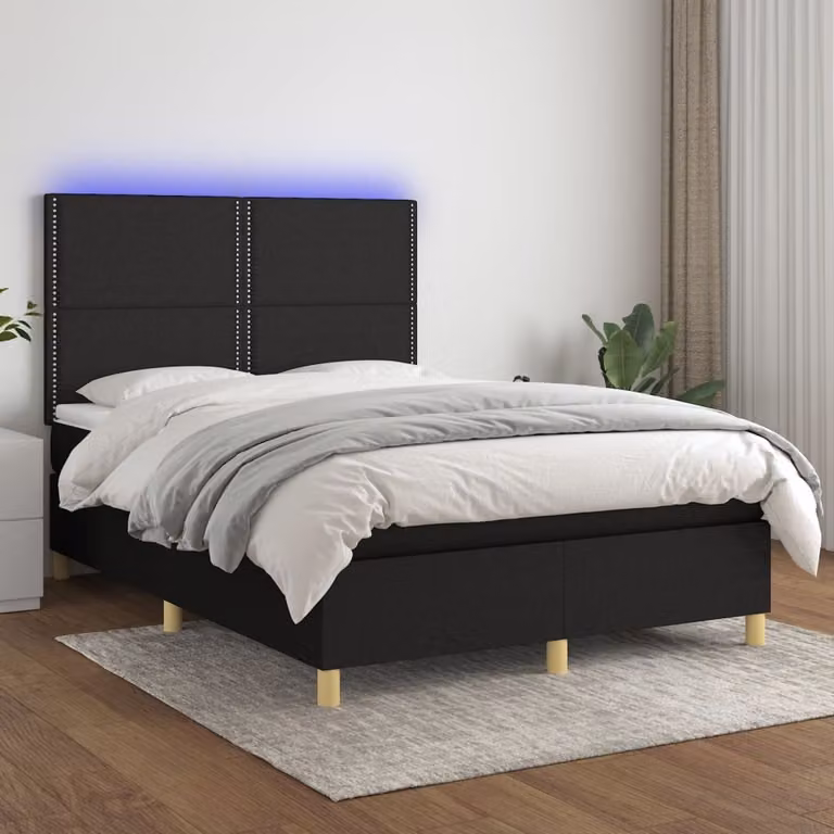 The Living Store Letto a molle con materasso e LED nero 140x200 cm in tessuto