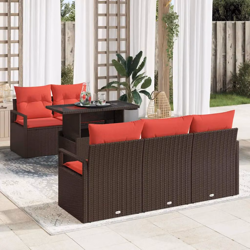 Set Divano da Giardino vidaXL 6 Pezzi in Rattan Marrone con Cuscini e Tavolino da Esterno