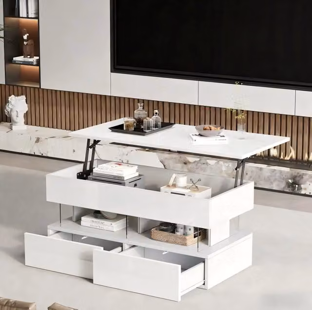 Tavolino da caffè bianco 100x50x46 cm con piano regolabile, 2 cassetti e luce LED, MDF e acrilico