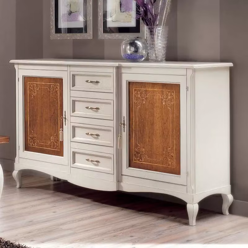 Credenza classica Mobili 2G con 2 porte e 4 cassetti in legno bicolore bianco e marrone L: 200 cm, P: 52 cm, H: 113 cm – 4