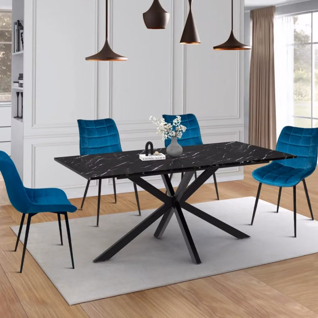 Tavolo da pranzo rettangolare IDMarket ALASKA per 8 persone con effetto marmo nero lucido e base a ragno in metallo – 2