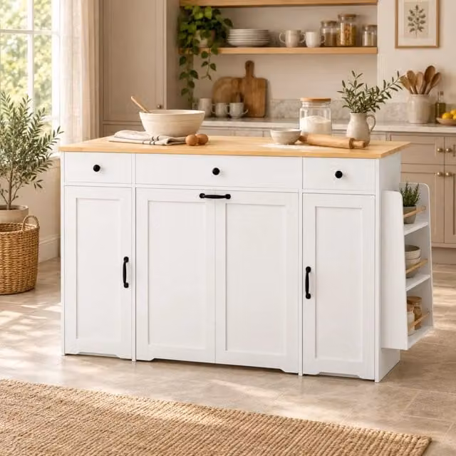 Credenza con 3 cassetti e ripiani interni, piano effetto legno per cucina e sala da pranzo, MDF bianco, 136×65×90 cm