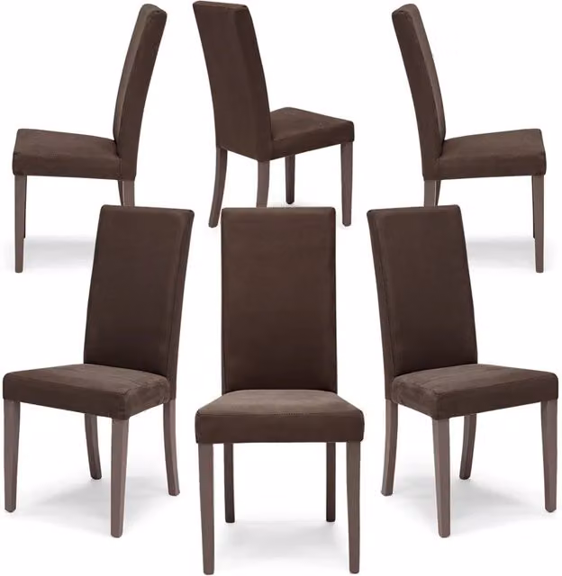 Set 6 sedie imbottite per sala da pranzo EDI NEW, 100% MADE IN ITALY, design moderno, rivestimento in tessuto idrorepellente effetto camoscio colore Moka Vintage, gambe in legno in tinta