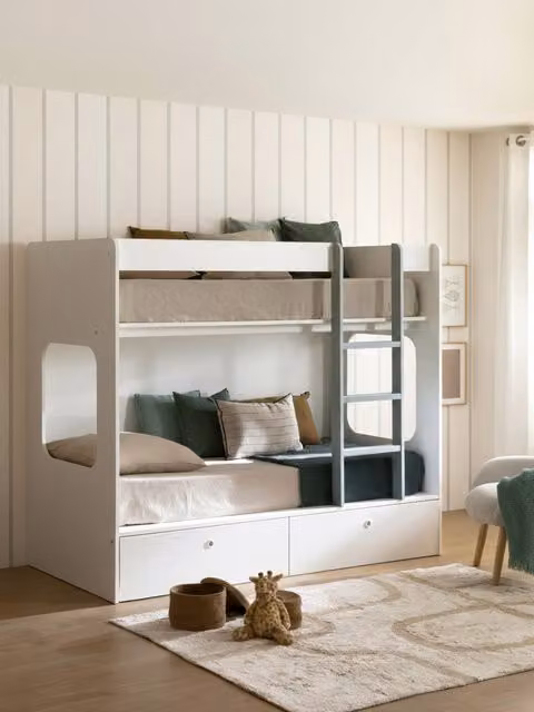 Letto a castello per bambini Kenay Home con cassetti, bianco e blu fiordo