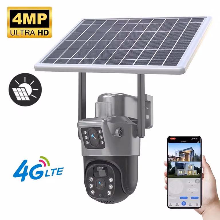 Telecamera di sorveglianza - Telecamera PTZ esterna 4G - 4 MP - Doppio obiettivo - Alimentazione solare - Sensore di movimento PIR - Doppio schermo