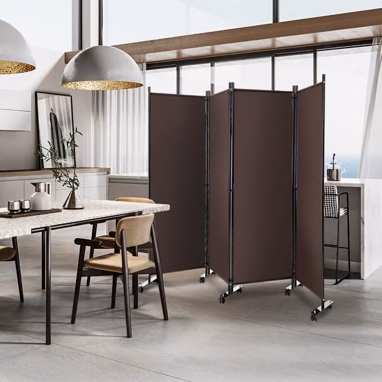 Paravento divisorio Costway con 4 pannelli su ruote in tessuto e metallo, ideale per casa, ufficio o soggiorno, colore marrone