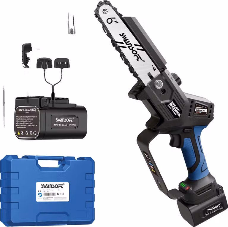 Mini motosega elettrica, potente motore brushless, lunga durata della batteria, blu, due batterie, tipo 1