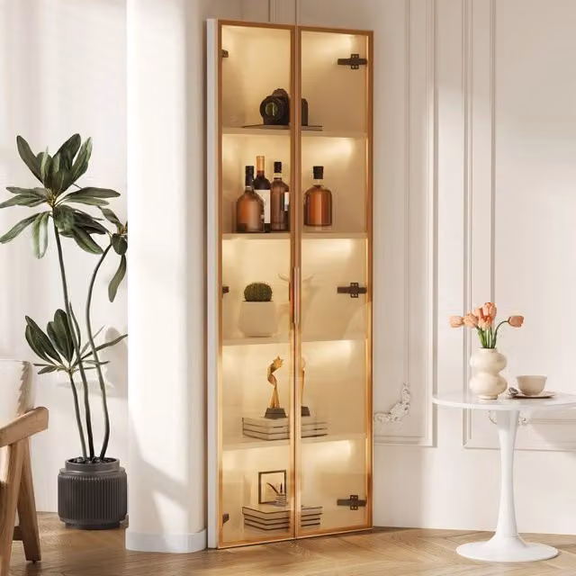 Vetrina angolare LED con ante e ripiani in vetro, chiusura ammortizzata, per soggiorno, bianca, 62 × 35 × 160 cm