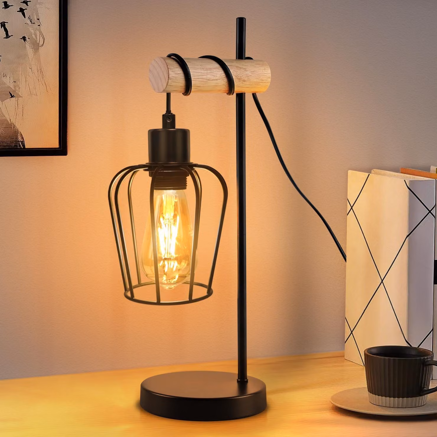 ZMH lampada da tavolo soggiorno lampada da tavolo in legno vintage nero lampada da comodino 1 fiamma in design industriale in metallo attacco E27 lampada da comodino retrò per camera da letto hotel - senza lampadina